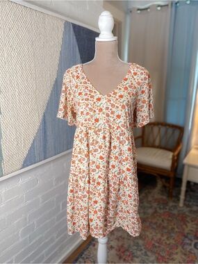 Old Navy White and Orange Boho Floral Babydoll Dress